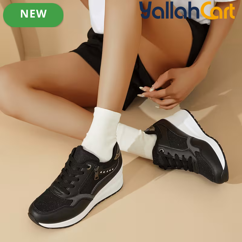 Women's Lightweight Running Sneakers – Breathable Mesh, Side Zipper, Wedge Heel, Insole Lift