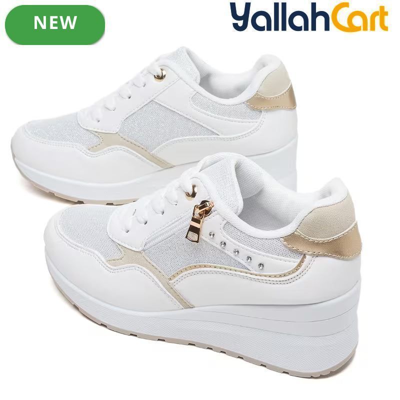 Women's Lightweight Running Sneakers – Breathable Mesh, Side Zipper, Wedge Heel, Insole Lift