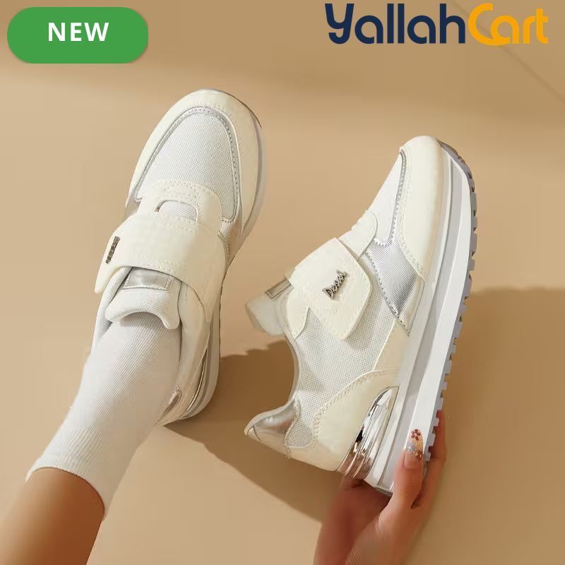 Women's Wedge Platform Sneakers – Patch Strap, Breathable Mesh, Height-Increasing