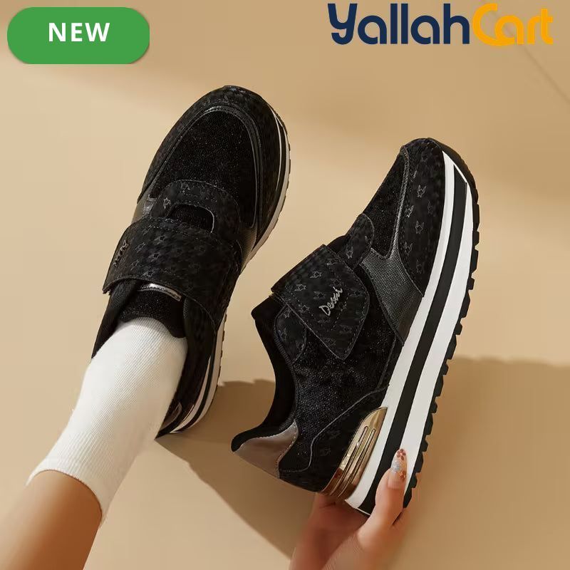 Women's Wedge Platform Sneakers – Patch Strap, Breathable Mesh, Height-Increasing