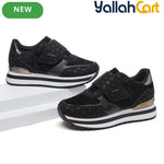 Women's Wedge Platform Sneakers – Patch Strap, Breathable Mesh, Height-Increasing