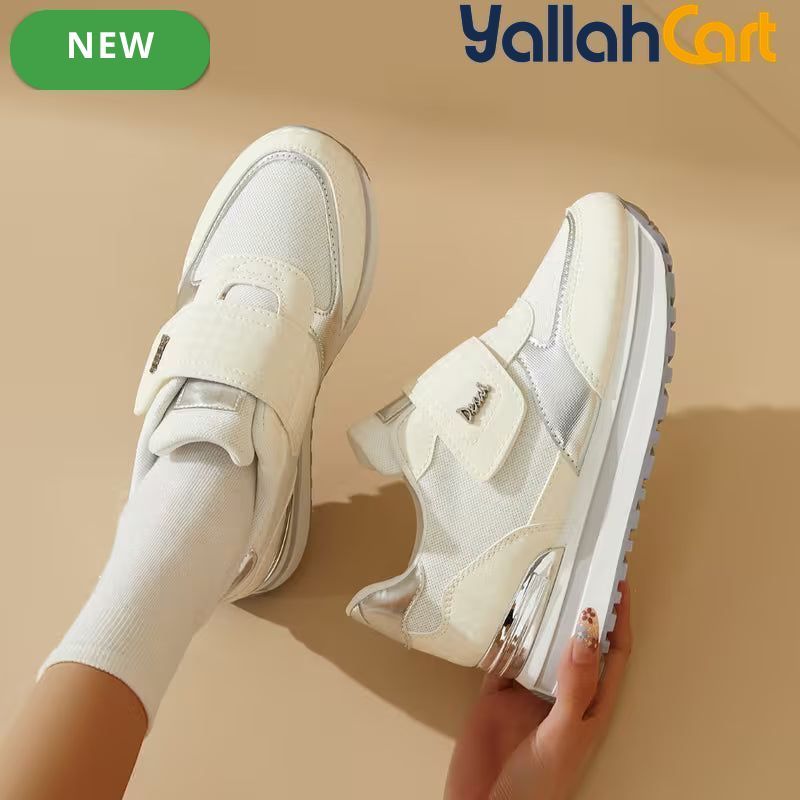Women's Wedge Platform Sneakers – Patch Strap, Breathable Mesh, Height-Increasing