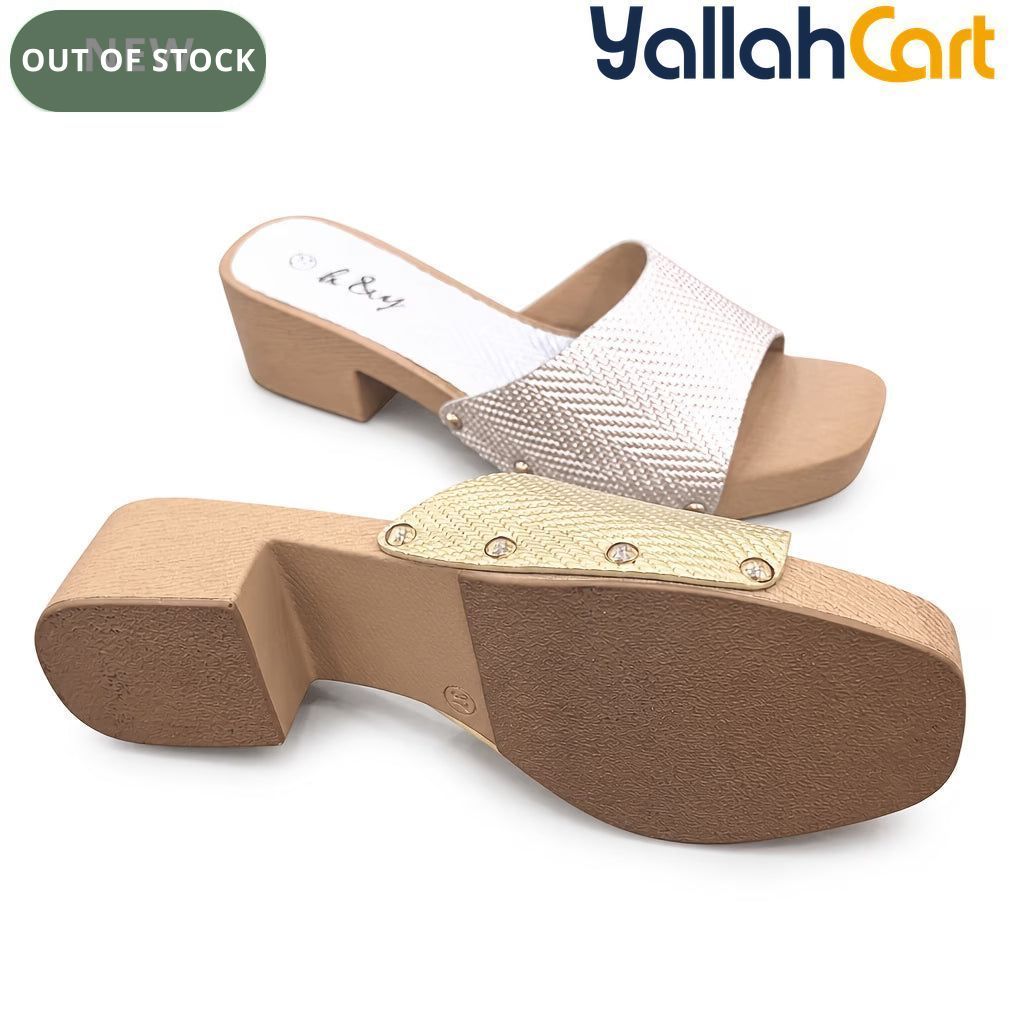 Women's Woven Rattan Mule Slides – Metallic Square Toe, Block Heel Sandals