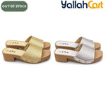 Women's Woven Rattan Mule Slides – Metallic Square Toe, Block Heel Sandals