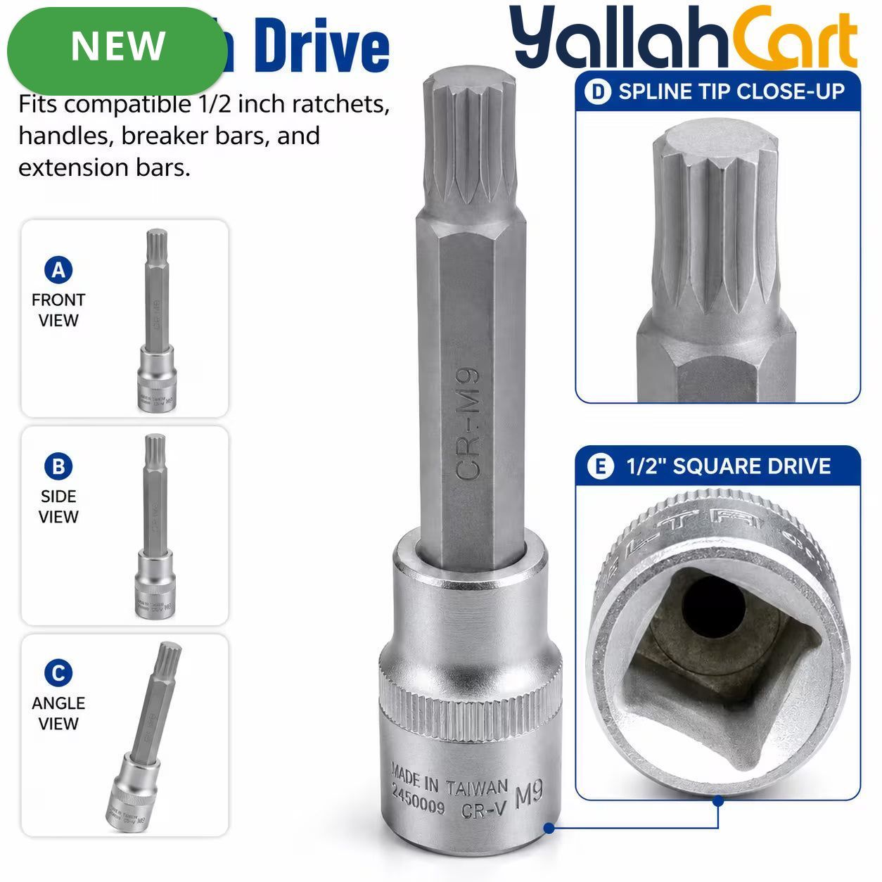 M9 Spline Bit Socket 1/2 Inch Drive (Silver) - 4 Inch Long CR-V Metal Triple Square Socket Tool for Ratchet, Car Repair & Workshop Maintenance