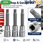 M9 Spline Bit Socket 1/2 Inch Drive (Silver) - 4 Inch Long CR-V Metal Triple Square Socket Tool for Ratchet, Car Repair & Workshop Maintenance