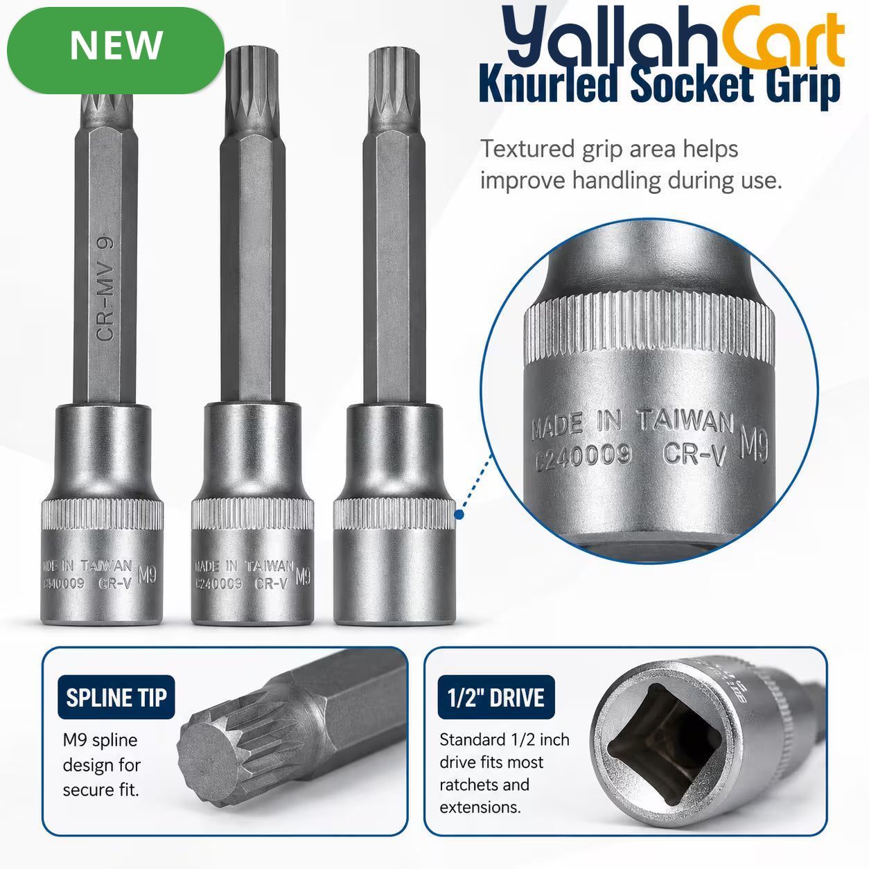 M9 Spline Bit Socket 1/2 Inch Drive (Silver) - 4 Inch Long CR-V Metal Triple Square Socket Tool for Ratchet, Car Repair & Workshop Maintenance