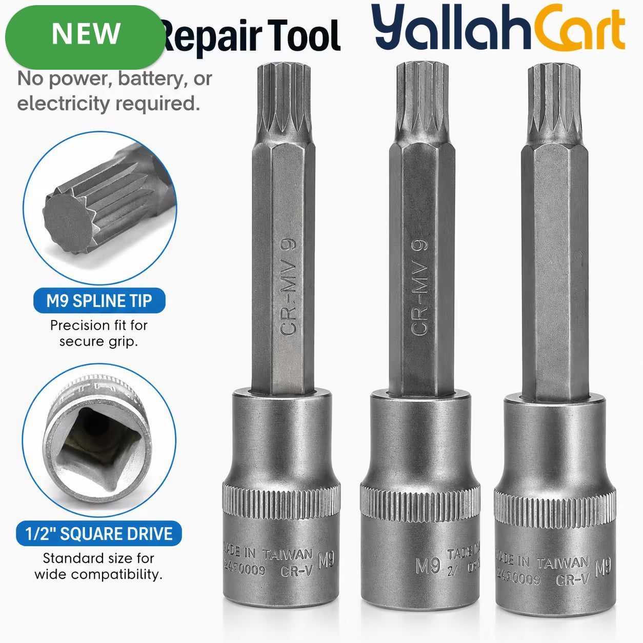 M9 Spline Bit Socket 1/2 Inch Drive (Silver) - 4 Inch Long CR-V Metal Triple Square Socket Tool for Ratchet, Car Repair & Workshop Maintenance