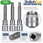 M9 Spline Bit Socket 1/2 Inch Drive (Silver) - 4 Inch Long CR-V Metal Triple Square Socket Tool for Ratchet, Car Repair & Workshop Maintenance
