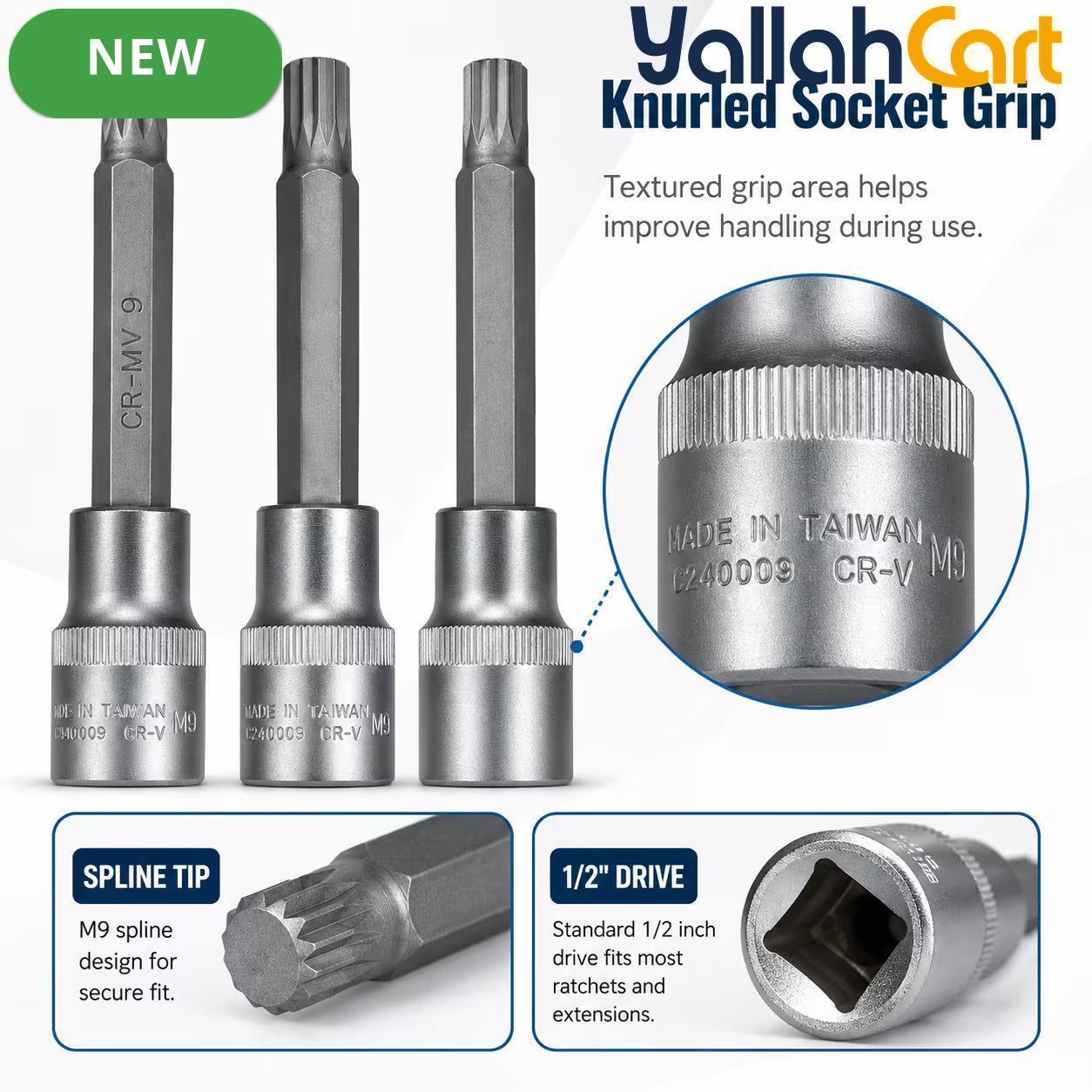 M9 Spline Bit Socket 1/2 Inch Drive (Silver) - 4 Inch Long CR-V Metal Triple Square Socket Tool for Ratchet, Car Repair & Workshop Maintenance