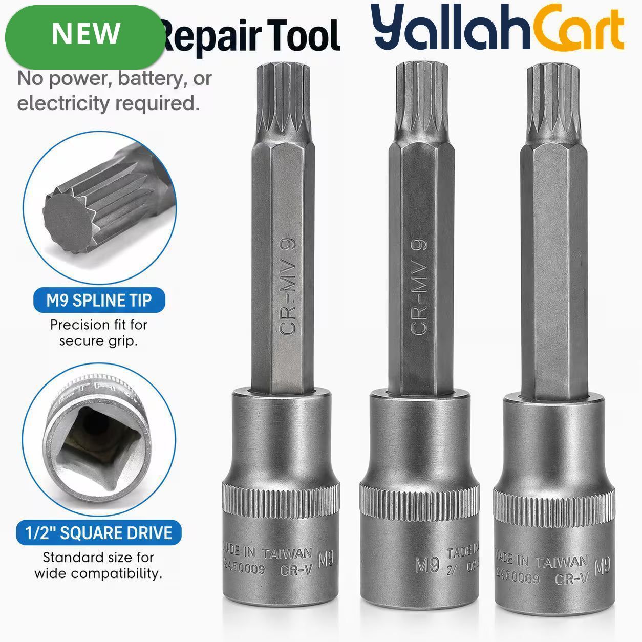 M9 Spline Bit Socket 1/2 Inch Drive (Silver) - 4 Inch Long CR-V Metal Triple Square Socket Tool for Ratchet, Car Repair & Workshop Maintenance