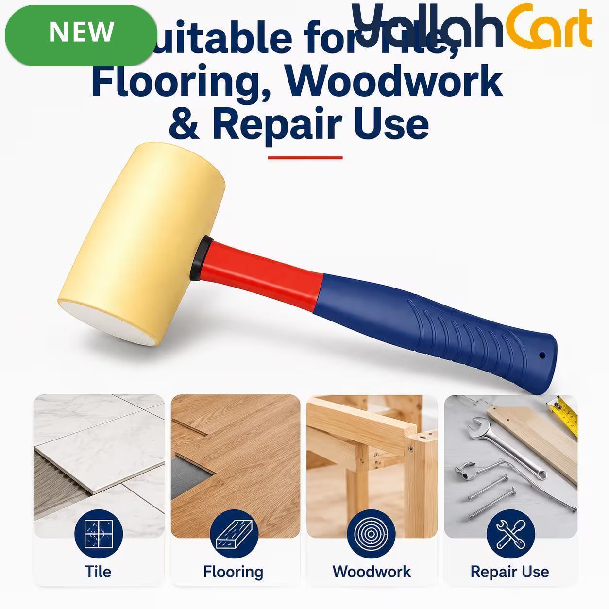 Heavy-Duty Rubber Mallet Hammer – Black, Non-Marking Soft Face, Fiberglass Handle for Tiling, Flooring & DIY Repairs