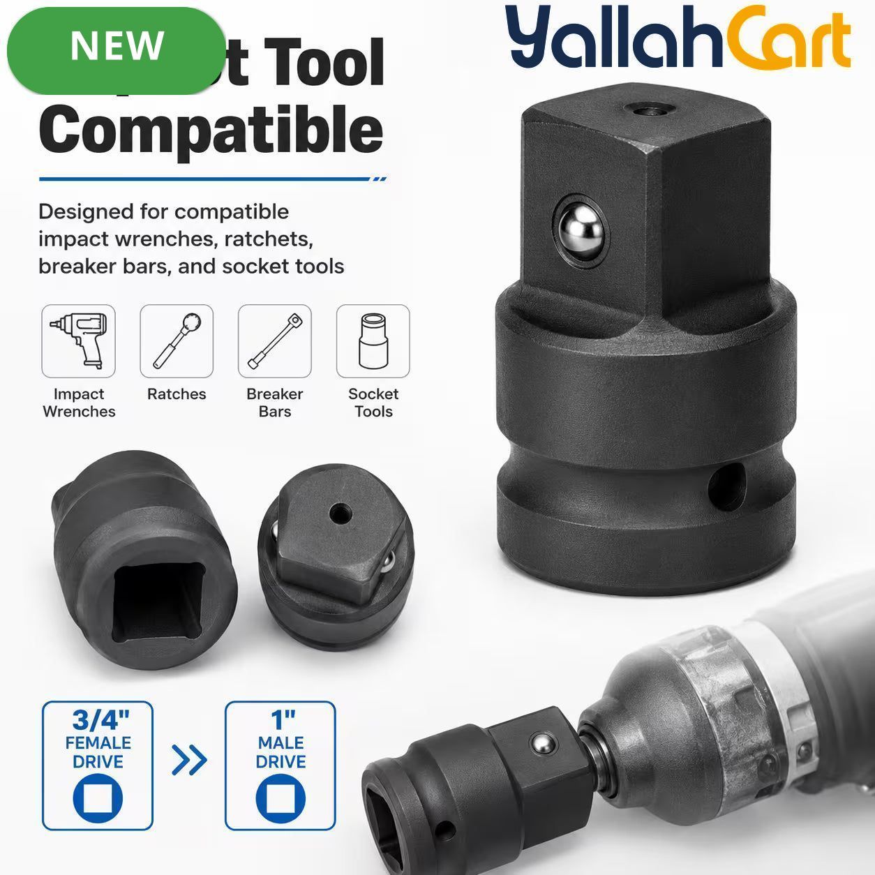 3/4-Inch Female to 1-Inch Male Impact Socket Adapter – Black, Chrome Molybdenum Steel Drive Converter for Impact Wrench & Breaker Bar