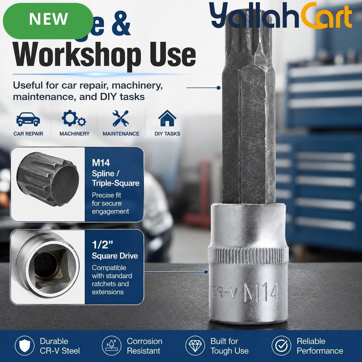 M14 Spline Bit Socket – Silver, 1/2-Inch Drive, 4-Inch Long CR-V Triple Square Socket for Ratchet, Automotive Repair & DIY
