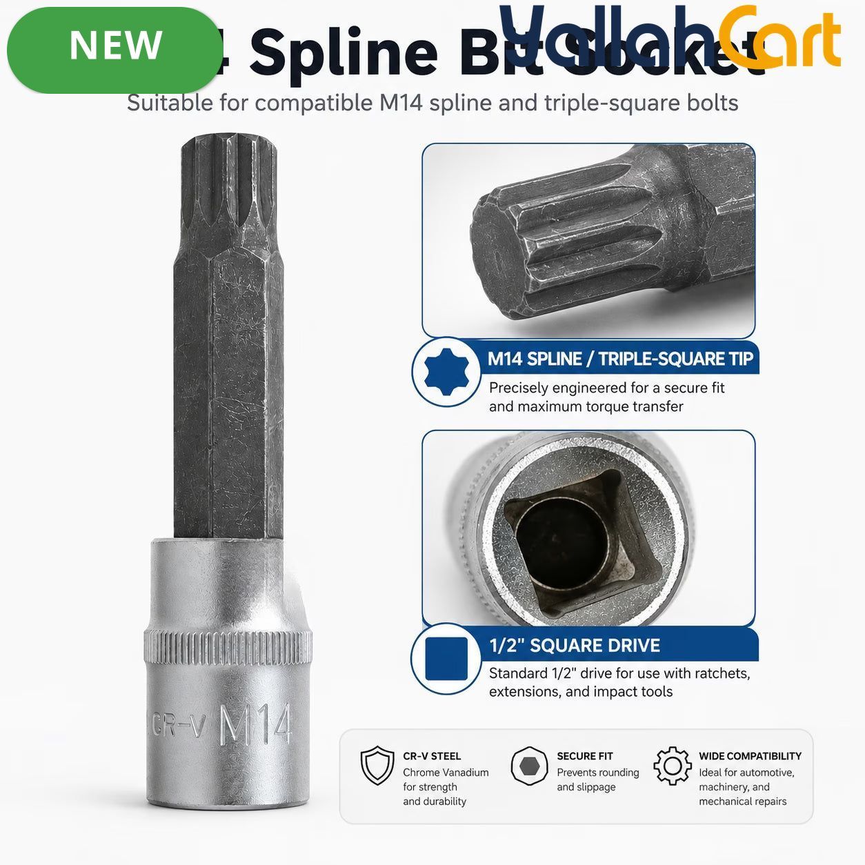 M14 Spline Bit Socket – Silver, 1/2-Inch Drive, 4-Inch Long CR-V Triple Square Socket for Ratchet, Automotive Repair & DIY
