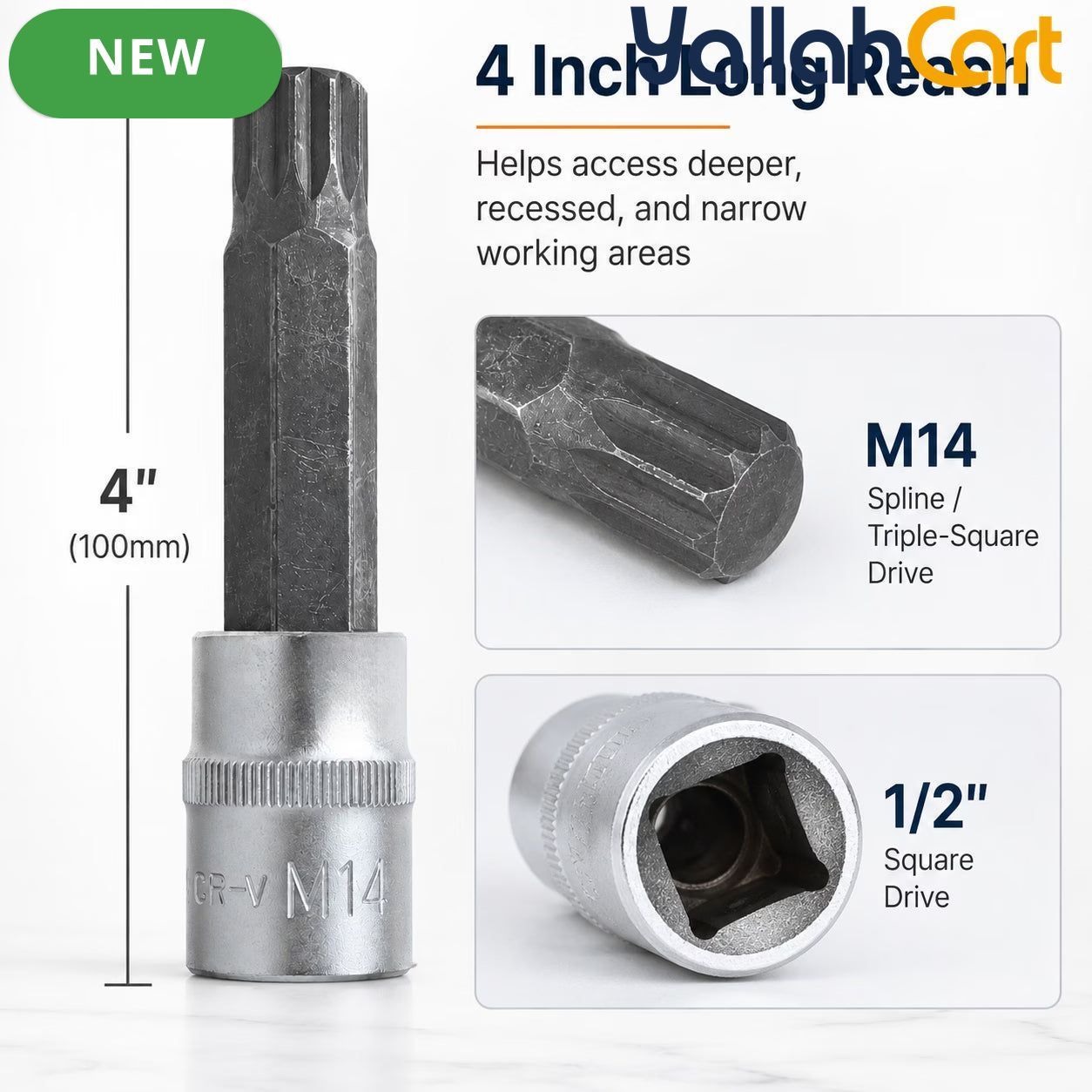 M14 Spline Bit Socket – Silver, 1/2-Inch Drive, 4-Inch Long CR-V Triple Square Socket for Ratchet, Automotive Repair & DIY
