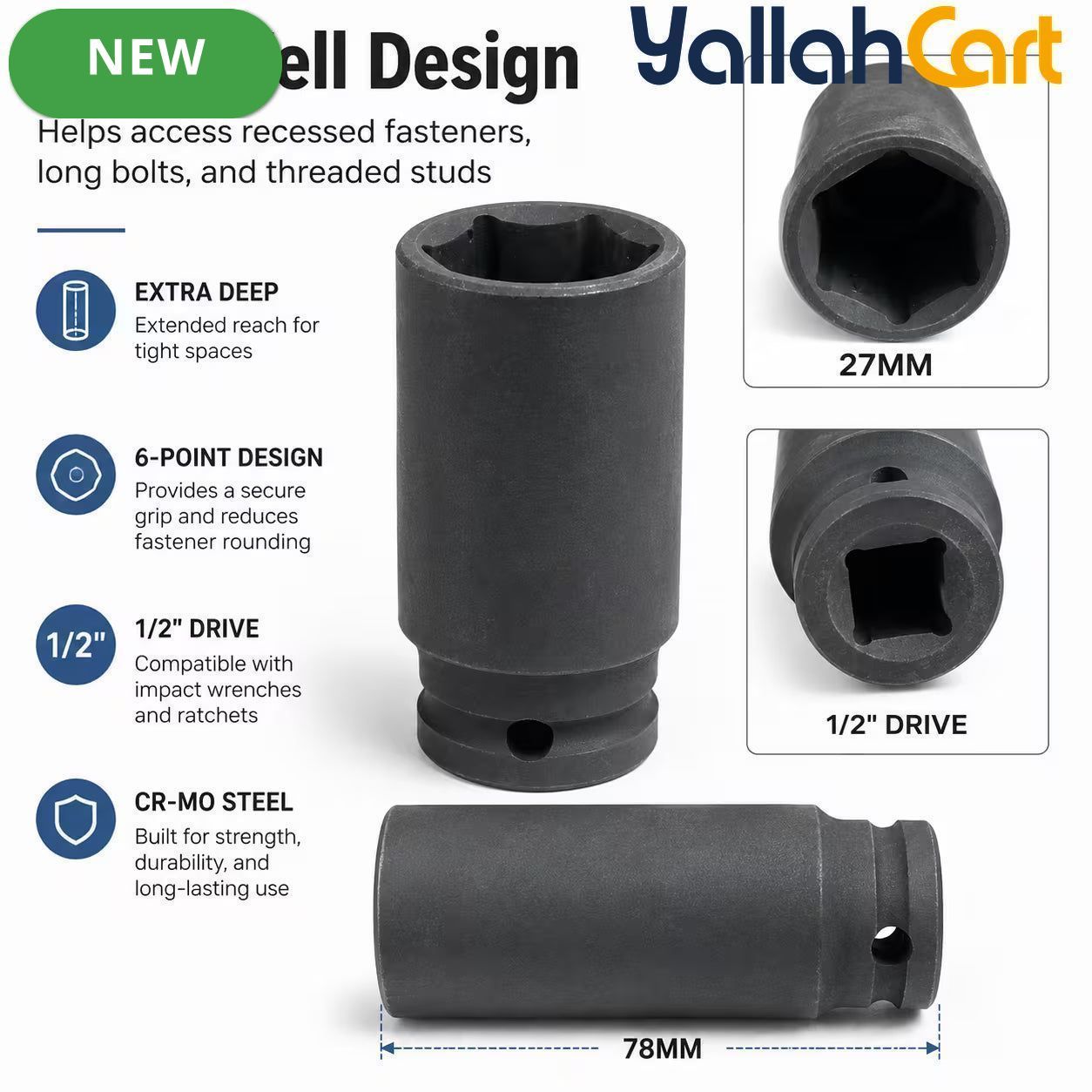 27mm Deep Impact Socket – Black, 1/2-Inch Drive, Long CR-Mo 6-Point Socket for Impact Wrench, Ratchet & Automotive Repair