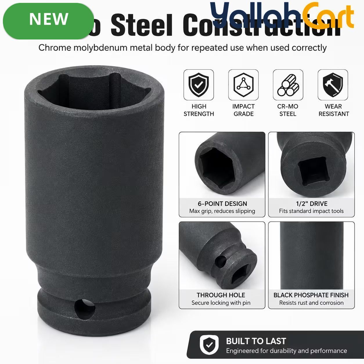 27mm Deep Impact Socket – Black, 1/2-Inch Drive, Long CR-Mo 6-Point Socket for Impact Wrench, Ratchet & Automotive Repair