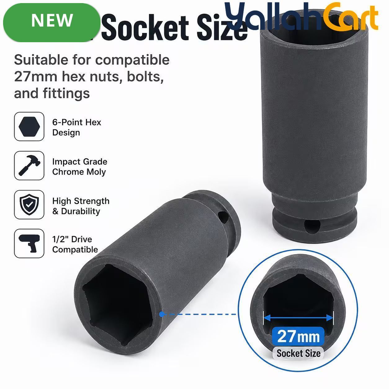 27mm Deep Impact Socket – Black, 1/2-Inch Drive, Long CR-Mo 6-Point Socket for Impact Wrench, Ratchet & Automotive Repair