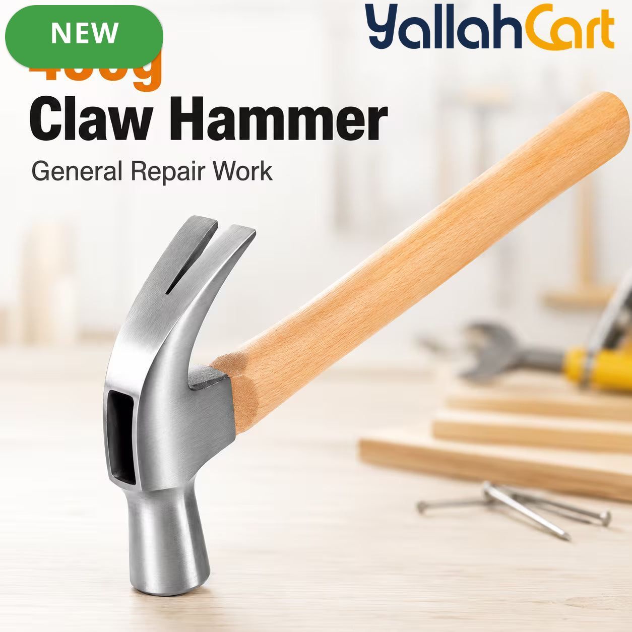 450g Claw Hammer – Natural Wood, Steel Head, Curved Nail Pulling Claw, Wooden Handle for Carpentry, Home Repair, Workshop & DIY