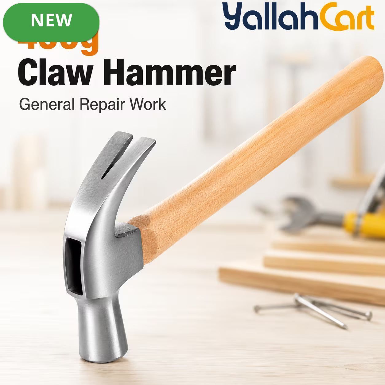 450g Claw Hammer – Natural Wood, Steel Head, Curved Nail Pulling Claw, Wooden Handle for Carpentry, Home Repair, Workshop & DIY