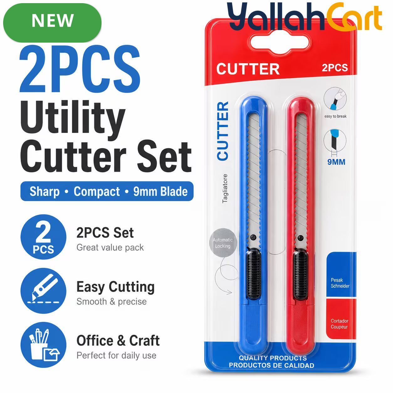 2pcs Utility Cutter Set – Red & Blue, 9mm Snap-Off Blade, Automatic Locking Box Cutter, Compact Craft Knife for Office, School, DIY & Box Opening