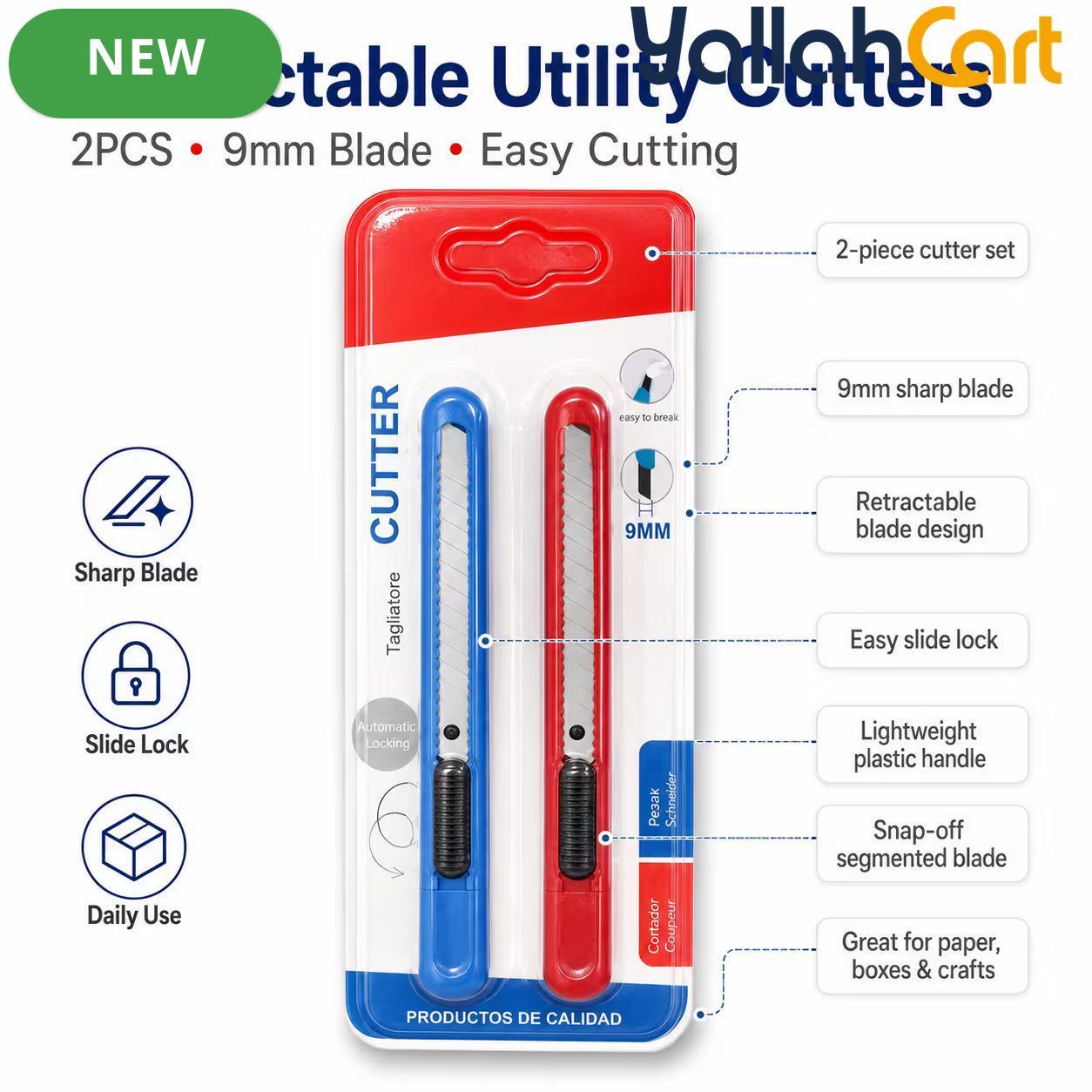2pcs Utility Cutter Set – Red & Blue, 9mm Snap-Off Blade, Automatic Locking Box Cutter, Compact Craft Knife for Office, School, DIY & Box Opening