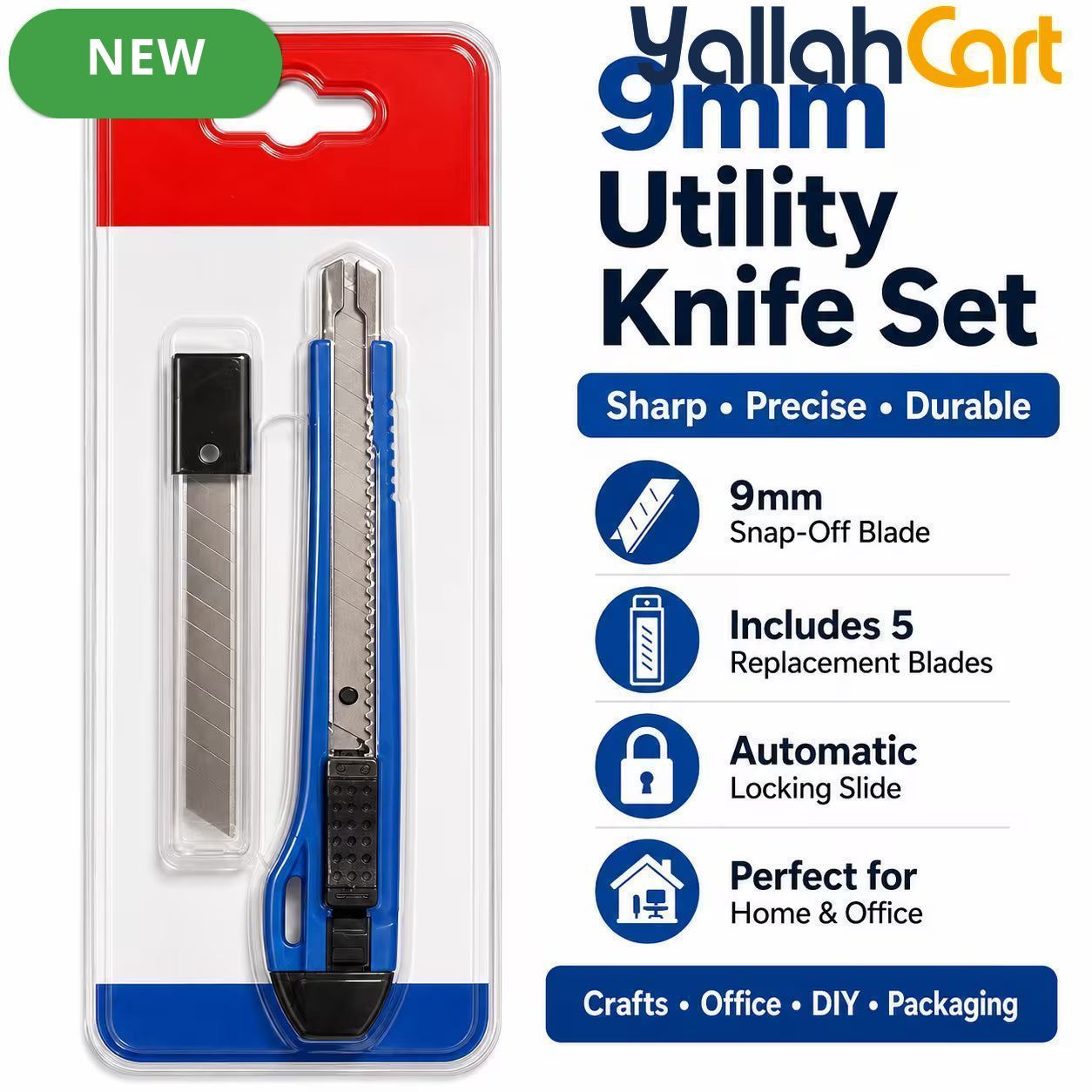 9mm Utility Knife Set – Blue, Automatic Lock Snap-Off Box Cutter, Carbon Steel Blade, 5 Replacement Blades, ABS Handle for Office, Crafts & DIY