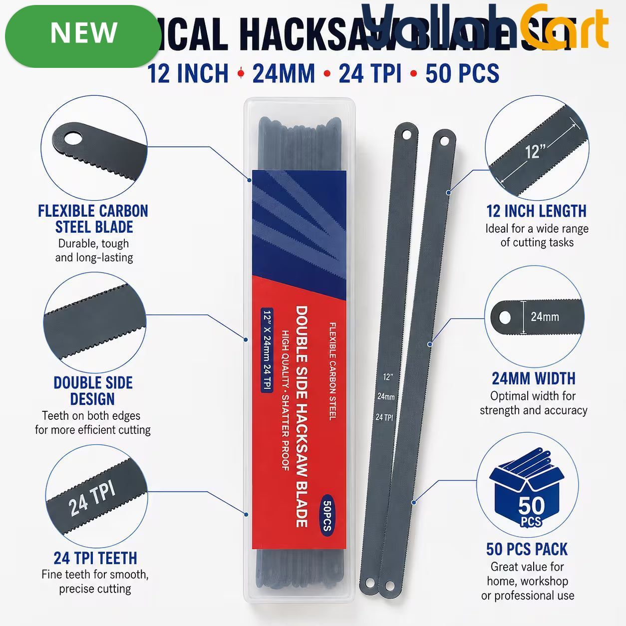 50PCS 12-Inch Hacksaw Blades – Black, 24 TPI Flexible Carbon Steel, Double-Sided Replacement Saw Blades for Metal, Plastic, PVC & General Cutting