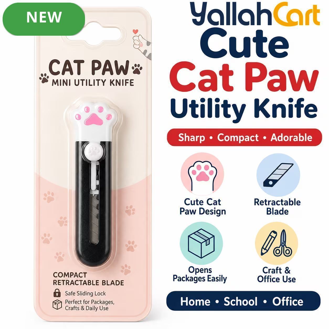 Mini Cat Paw Utility Knife – Black & Pink, Retractable Pocket Box Cutter, Cute Plastic Paper Slitter for Packages, Crafts, Office & DIY