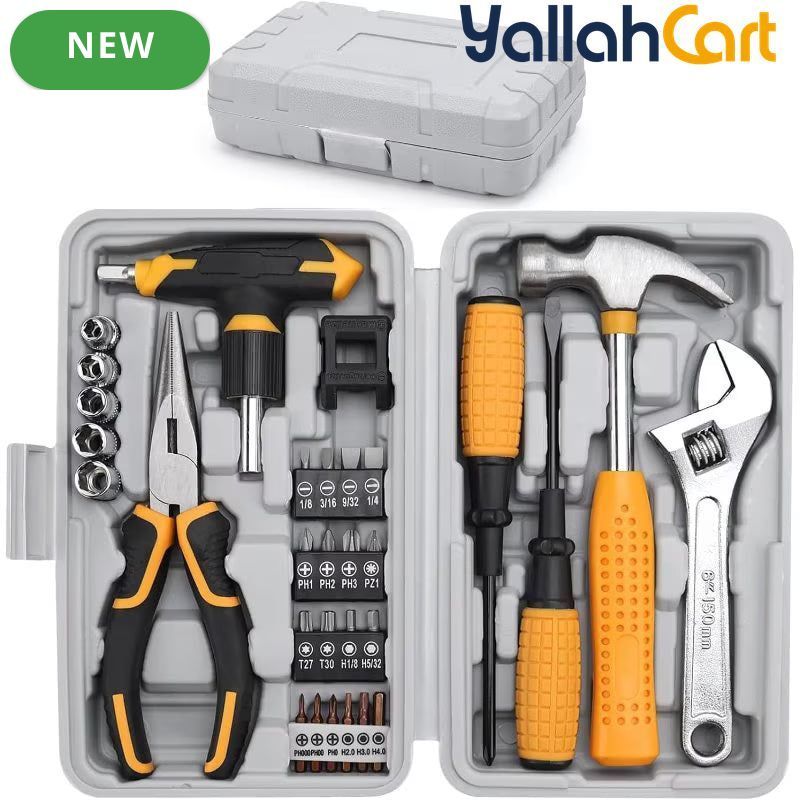 30pcs Home Tool Kit – Black & Red, Household Hand Tool Set with Wrench, Screwdriver & Accessories, Portable Organizer Box for Home, Office & DIY Repairs