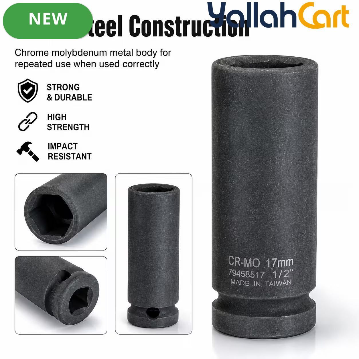 17mm Deep Impact Socket – Black, 1/2-Inch Square Drive, 6-Point CR-Mo Steel Socket for Impact Wrench, Ratchet, Breaker Bar & Automotive Repair