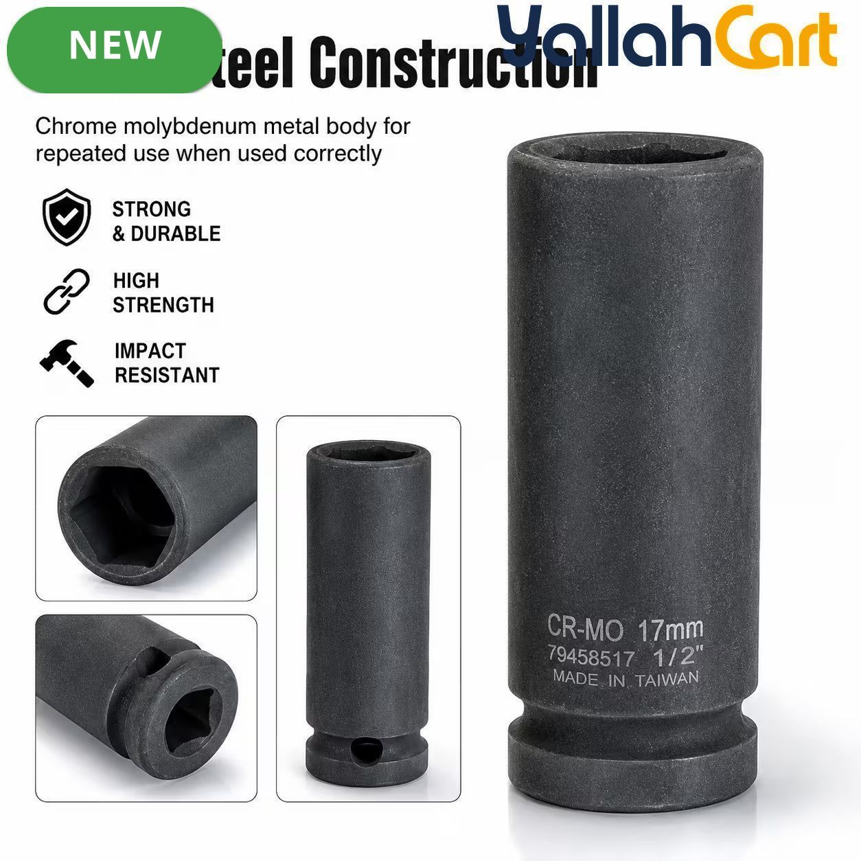 17mm Deep Impact Socket – Black, 1/2-Inch Square Drive, 6-Point CR-Mo Steel Socket for Impact Wrench, Ratchet, Breaker Bar & Automotive Repair