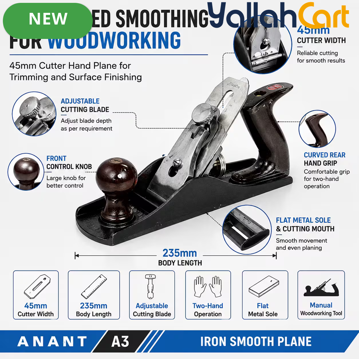 A3 Iron Hand Plane – Black, 45mm Adjustable Cutter, 235mm Manual Wood Planer for Woodworking, Timber Trimming, Surface Levelling & Furniture Finishing