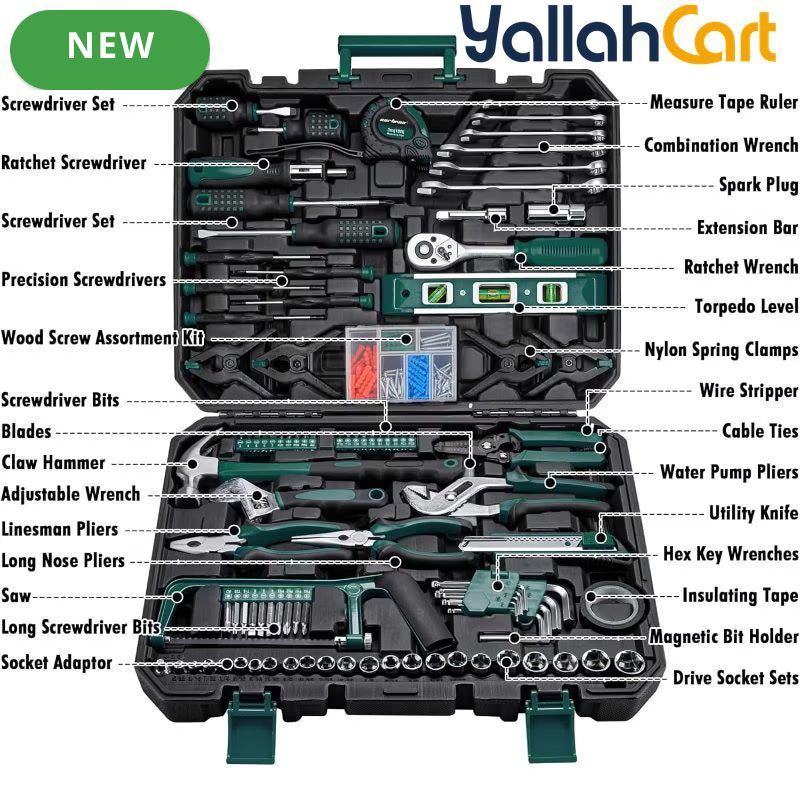 238pcs Home & Auto Tool Kit – Green, Complete Hand Tool Set with Storage Box, Wrenches, Sockets & Accessories for Garage, Home Repair & DIY Projects