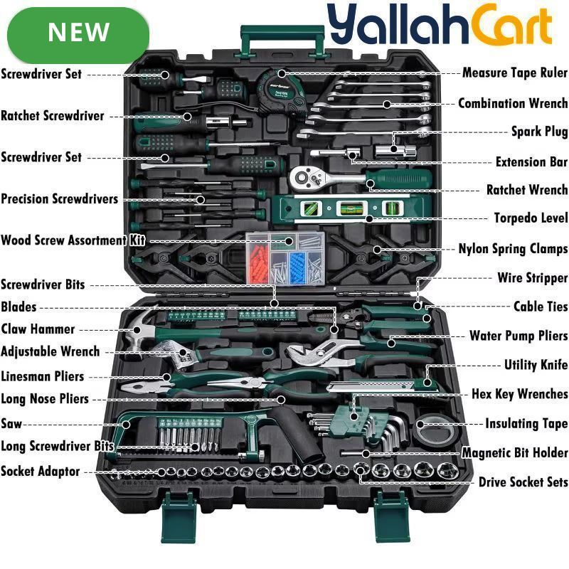 238pcs Home & Auto Tool Kit – Green, Complete Hand Tool Set with Storage Box, Wrenches, Sockets & Accessories for Garage, Home Repair & DIY Projects