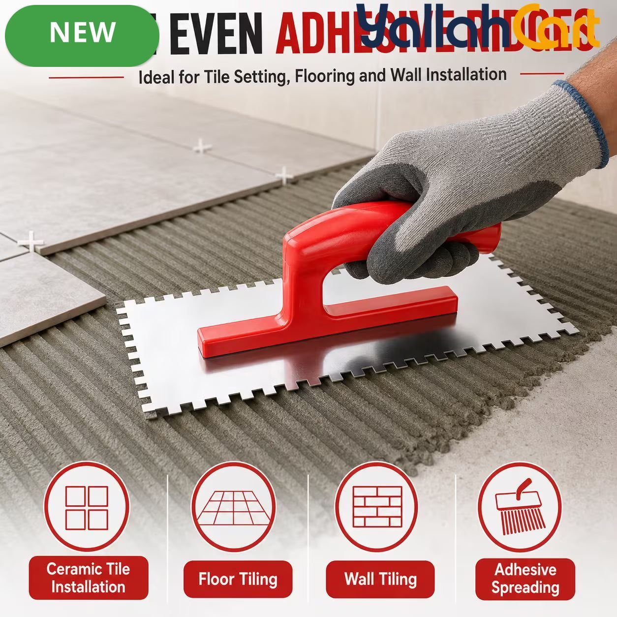280 × 130mm Notched Trowel – Silver & Red, Stainless Steel 6 × 6mm Square-Tooth Tile Adhesive Spreader with Ergonomic Handle for Flooring, Wall Tiles, Plaster & Construction Use