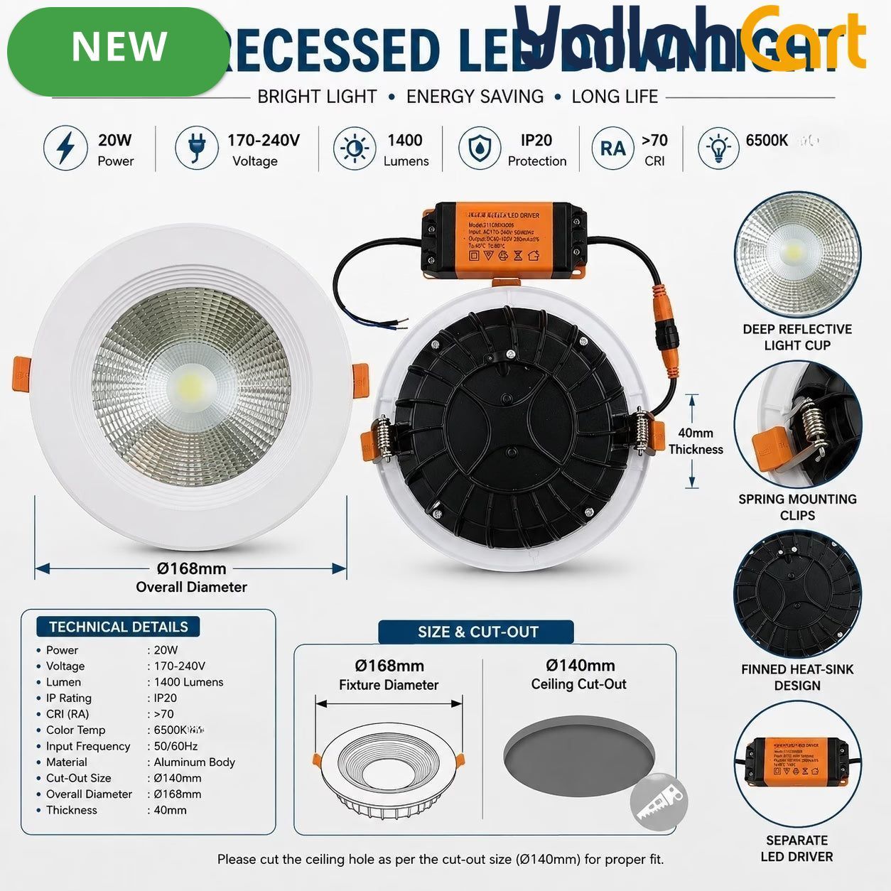 20W LED Downlight – White, 6500K Cool White Round Recessed Ceiling Light with 1400LM Output, LED Driver, 168mm Diameter & 140mm Cutout for Home, Office & Shop Use