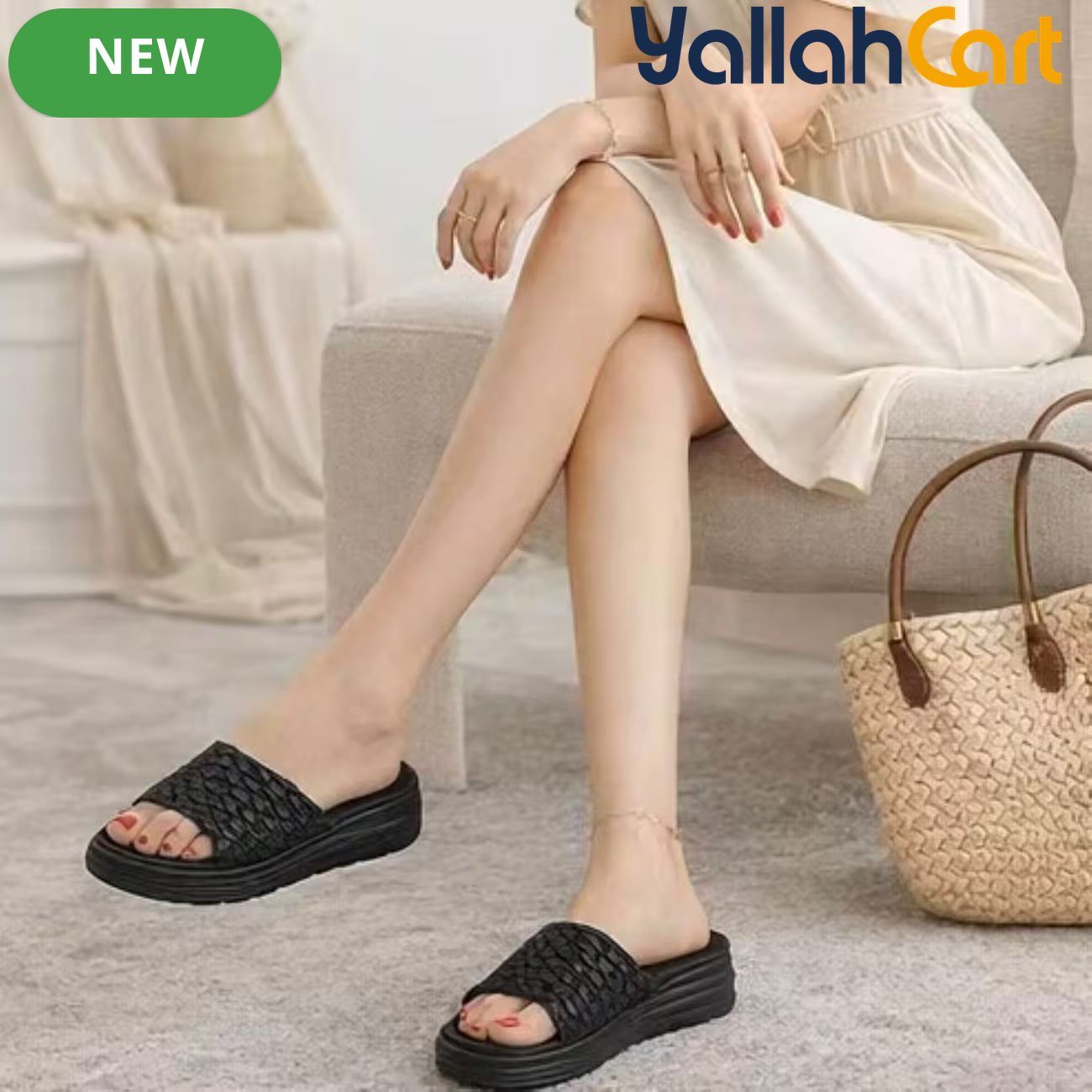 Women’s Ruched Platform Slide Sandals – Open-Toe Wedge Shoes with Braided Straps