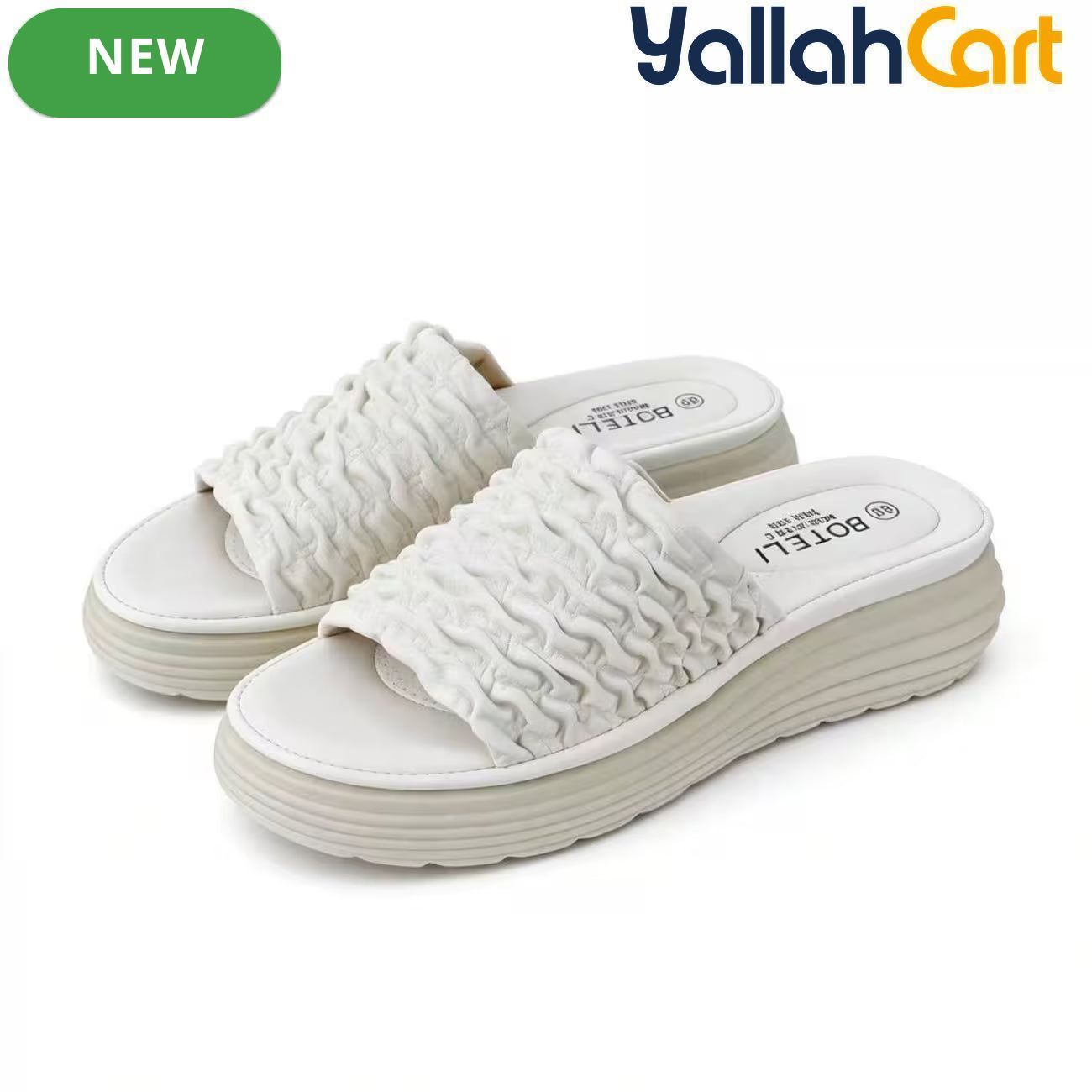 Women’s Ruched Platform Slide Sandals – Open-Toe Wedge Shoes with Braided Straps