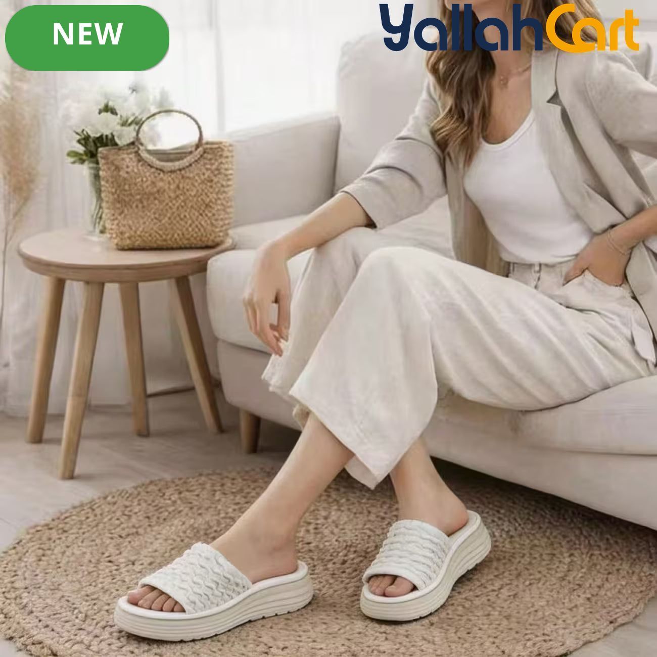 Women’s Ruched Platform Slide Sandals – Open-Toe Wedge Shoes with Braided Straps