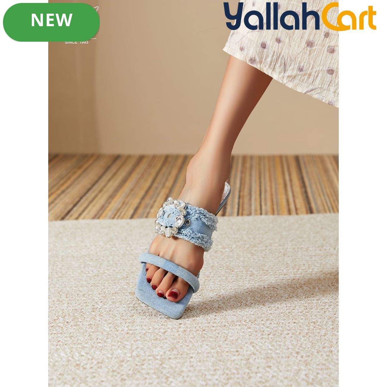 Women’s Denim Rhinestone Sandals – Tassel Low-Heel Summer Shoes
