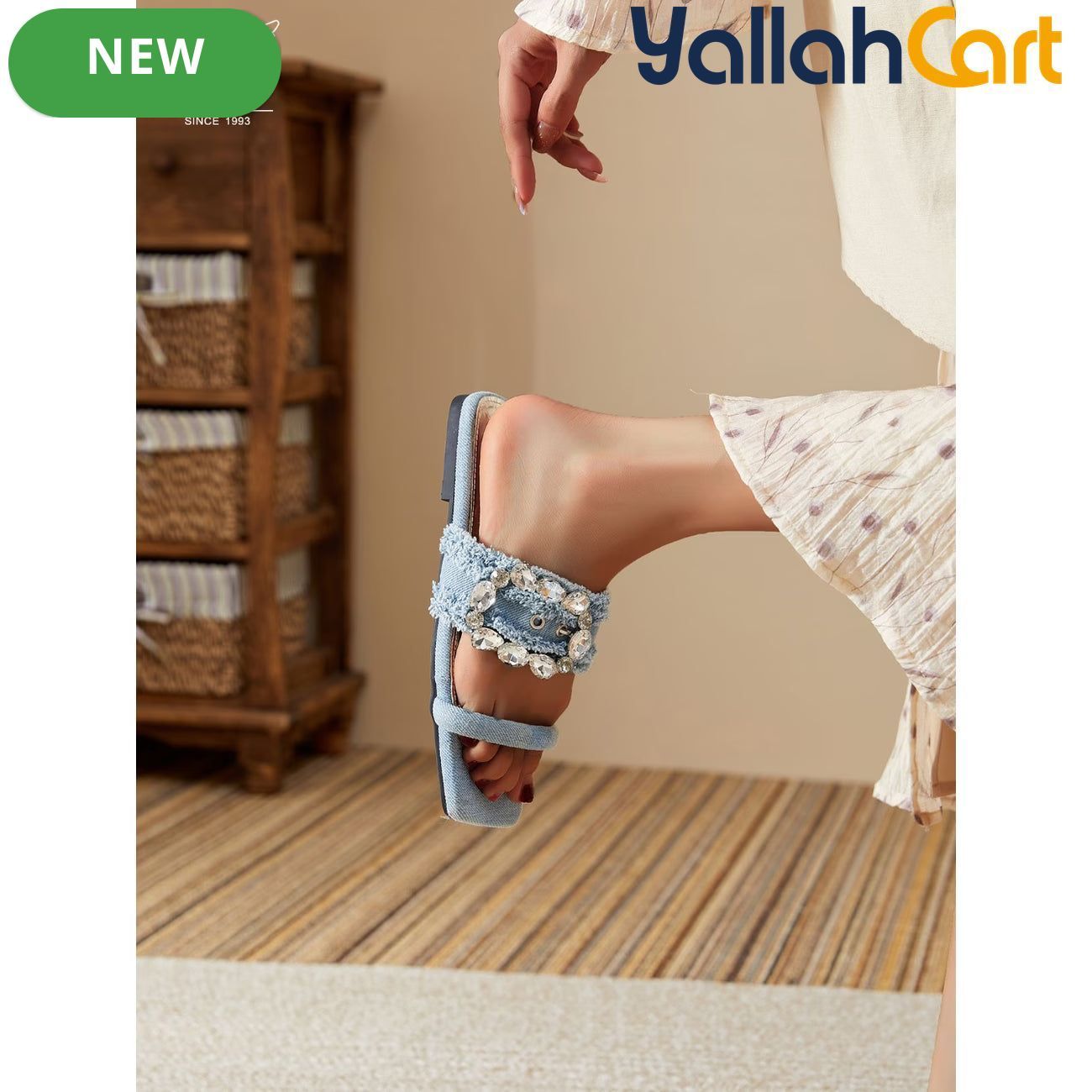Women’s Denim Rhinestone Sandals – Tassel Low-Heel Summer Shoes