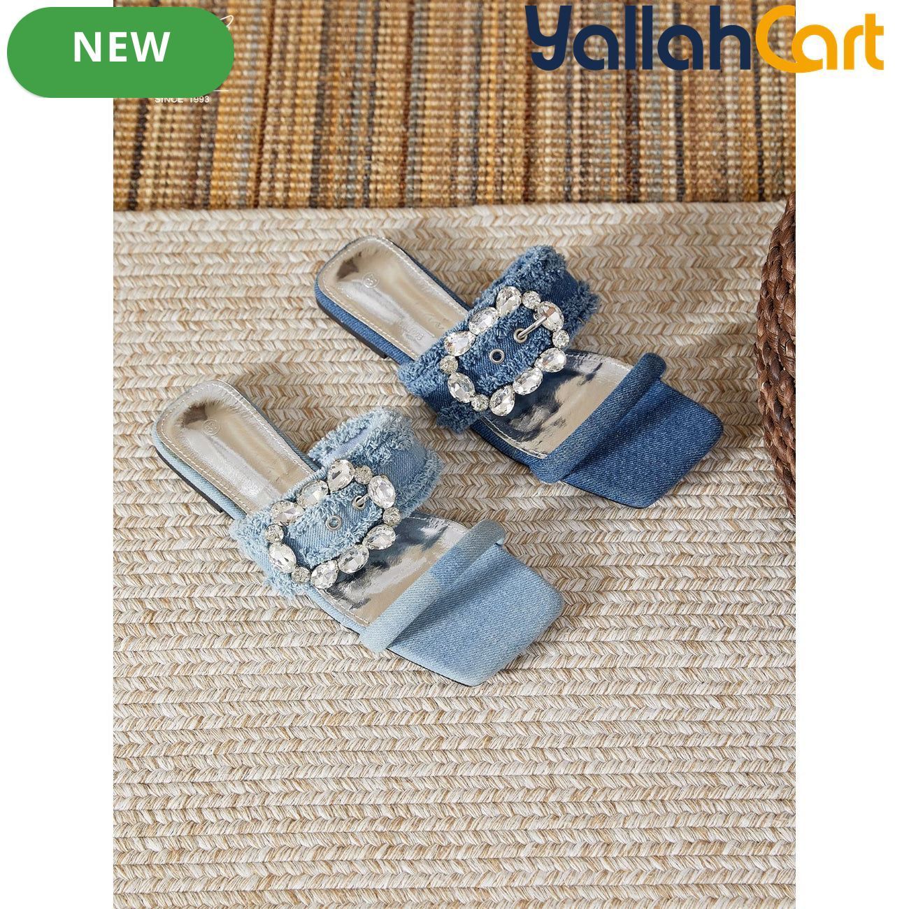 Women’s Denim Rhinestone Sandals – Tassel Low-Heel Summer Shoes
