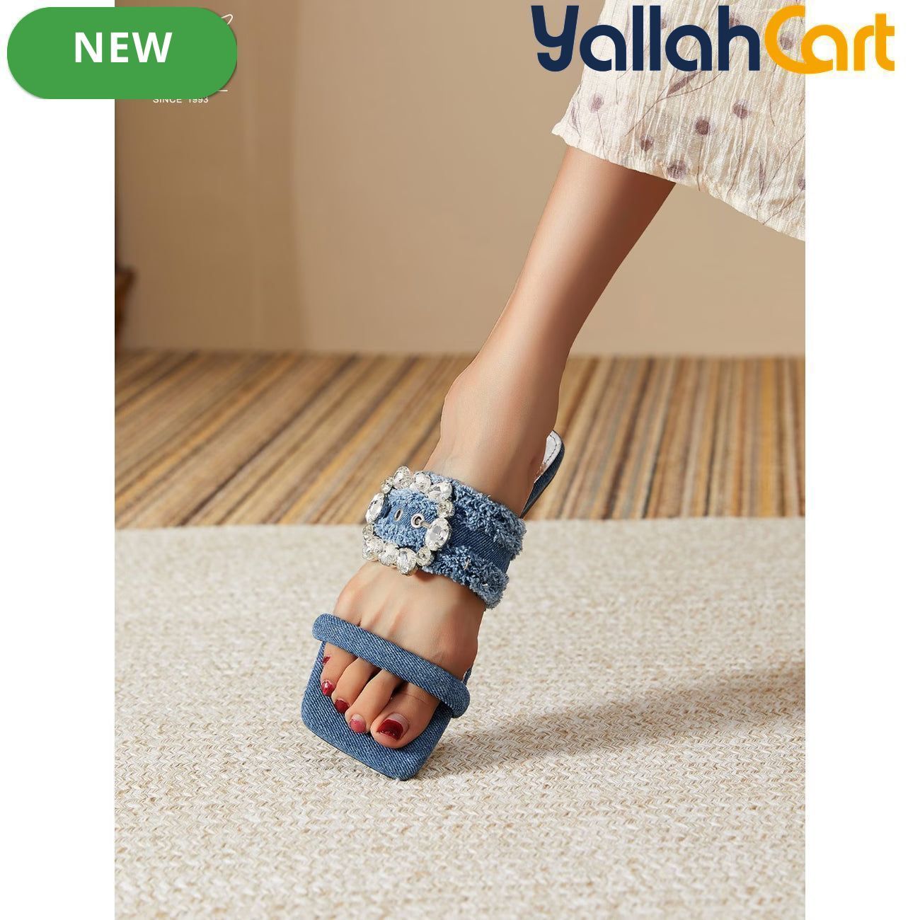 Women’s Denim Rhinestone Sandals – Tassel Low-Heel Summer Shoes