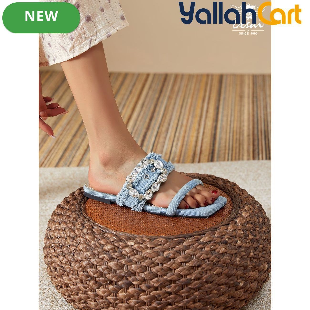 Women’s Denim Rhinestone Sandals – Tassel Low-Heel Summer Shoes