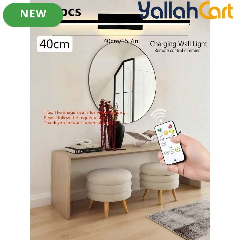 Rechargeable Mirror Wall Lights - Black, 2pcs 40cm Modern Wall Lamps with Remote Control, Wireless USB Powered LED Lighting, Luxury Home Decor for Bathroom, Living Room, Hallway, Dining Room & Cabinet