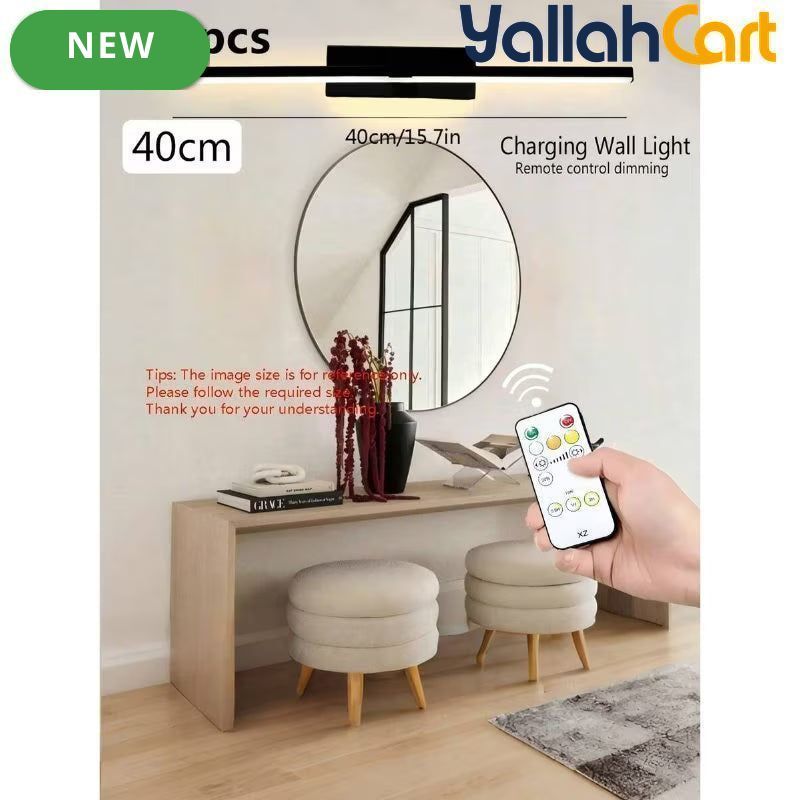 Rechargeable Mirror Wall Lights - Black, 2pcs 40cm Modern Wall Lamps with Remote Control, Wireless USB Powered LED Lighting, Luxury Home Decor for Bathroom, Living Room, Hallway, Dining Room & Cabinet