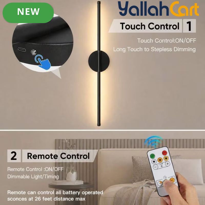 2pcs Rechargeable Wall Lamps - Black, 50cm LED Wireless Wall Sconces, Dimmable Light with Rechargeable Battery, Crystal Design, USB Powered, Modern Wall Lighting for Bedroom, Living Room & Hallway