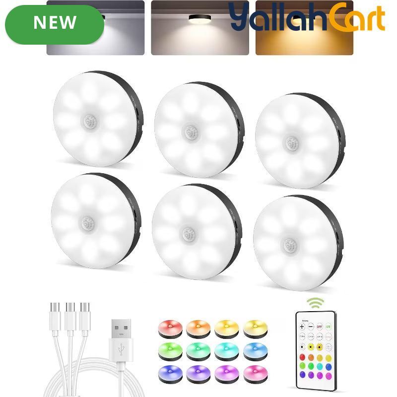 EZVALO RGB Under Cabinet Puck Lights - Black 6-Pack, Rechargeable Motion Sensor Lights, USB Powered LED Cabinet Lights, Remote Control, Dimmable Color-Changing Lighting for Kitchen, Wardrobe & Home